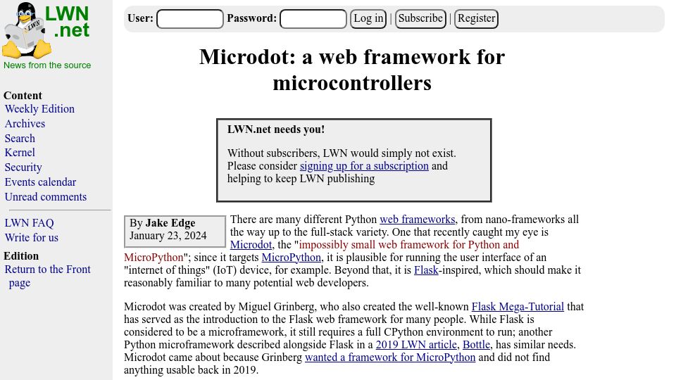 Screenshot of lwn.net: Microdot: A Web Framework for Microcontrollers