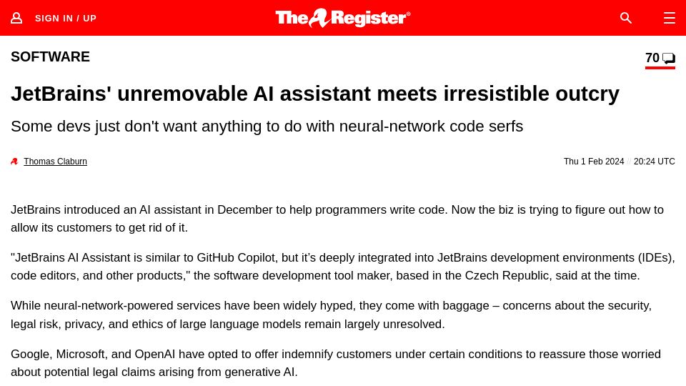 Screenshot of theregister.com: JetBrains' unremovable AI assistant meets irresistible outcry