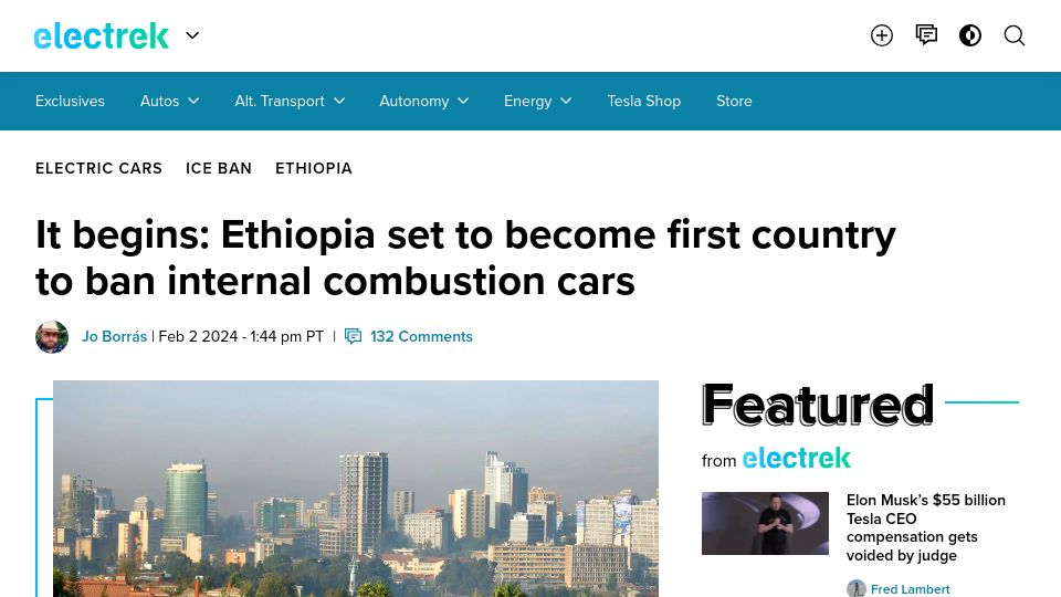 Screenshot of electrek.co: It begins: Ethiopia set to become first country to ban internal combustion cars