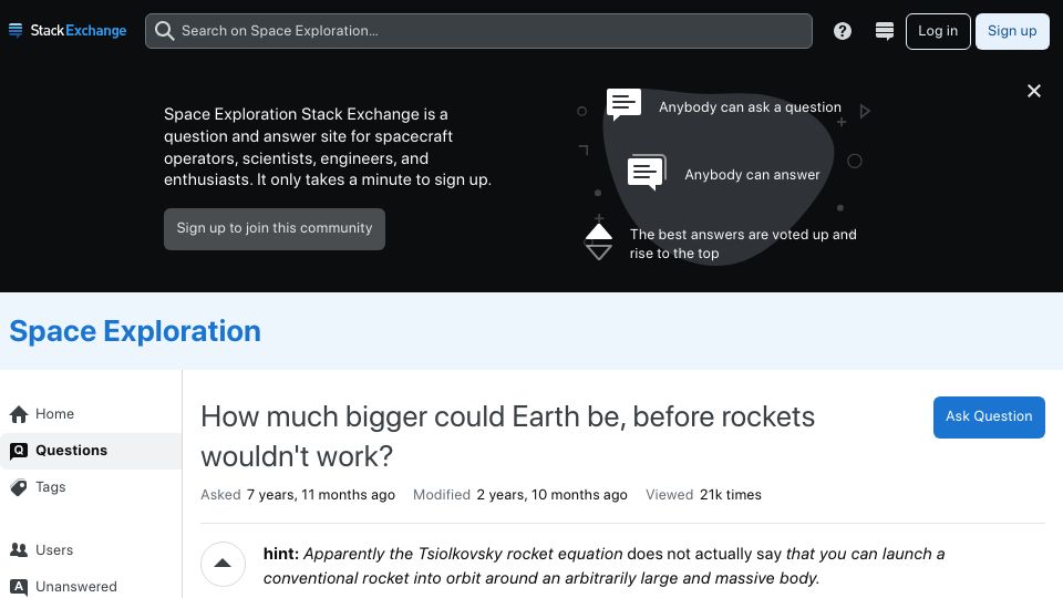 Screenshot of space.stackexchange.com: How much bigger could Earth be before rockets wouldn't work?