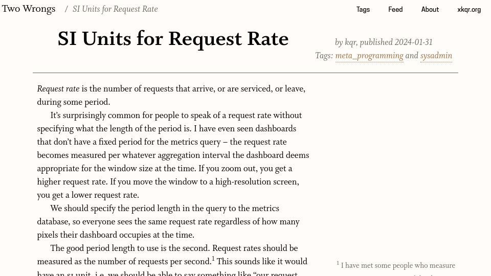 Screenshot of two-wrongs.com: SI Units for Request Rate