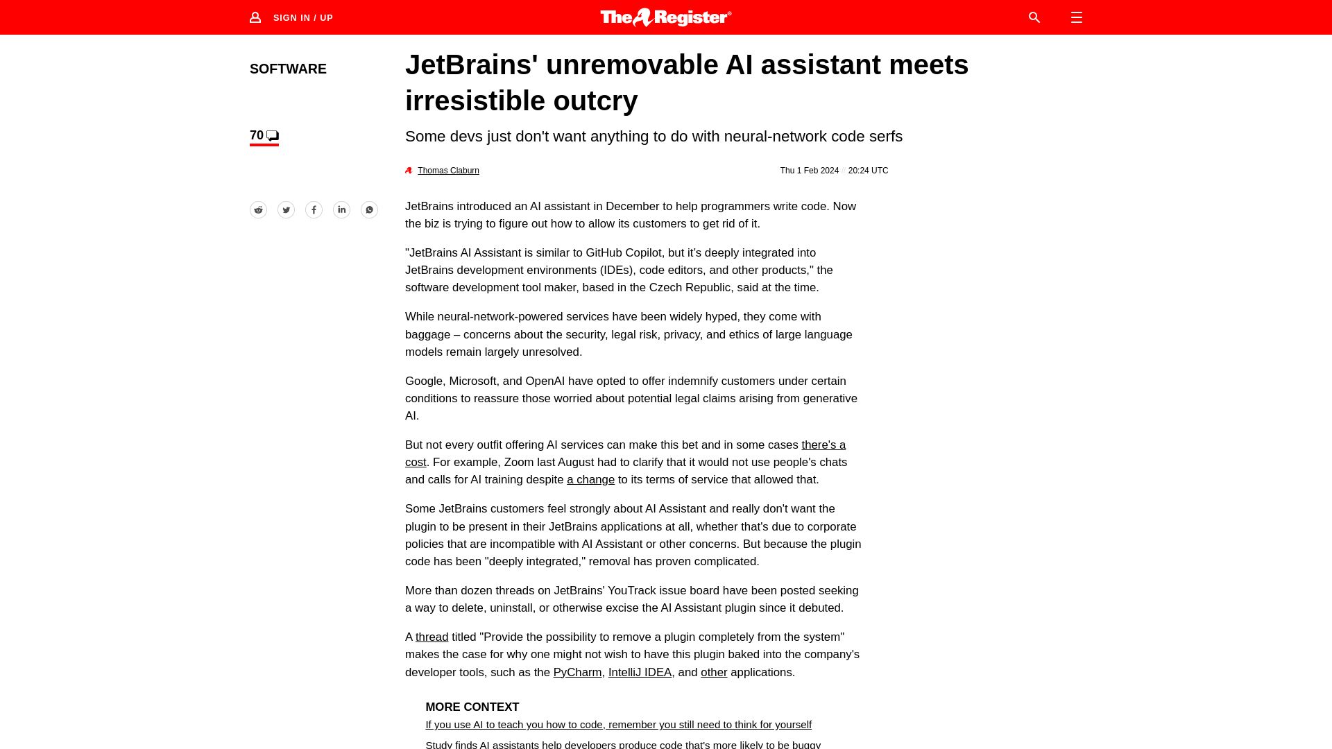 Screenshot of theregister.com: JetBrains' unremovable AI assistant meets irresistible outcry