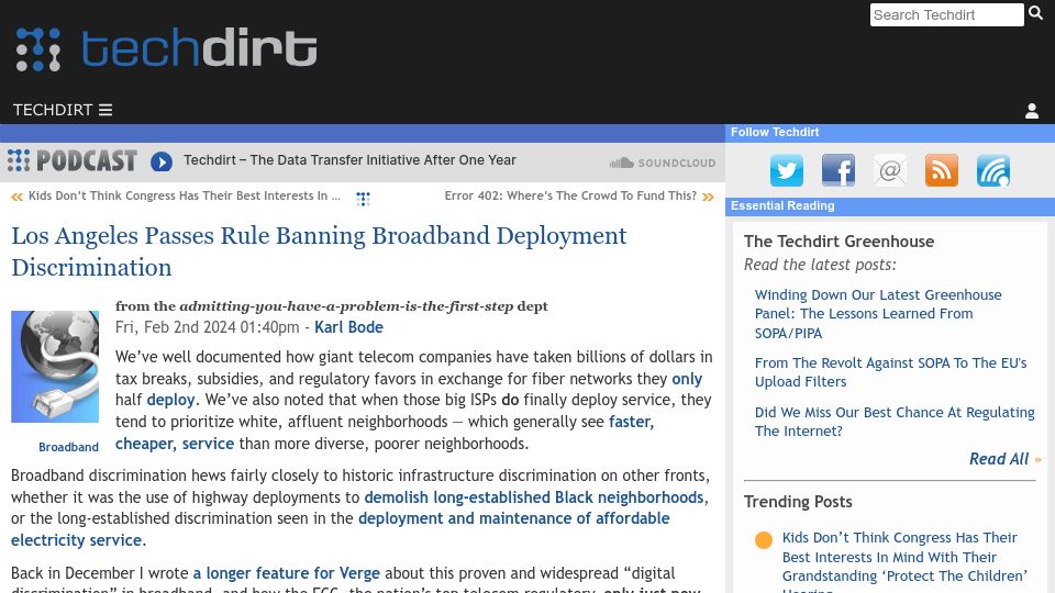 Screenshot of techdirt.com: Los Angeles Passes Rule Banning Broadband Deployment Discrimination