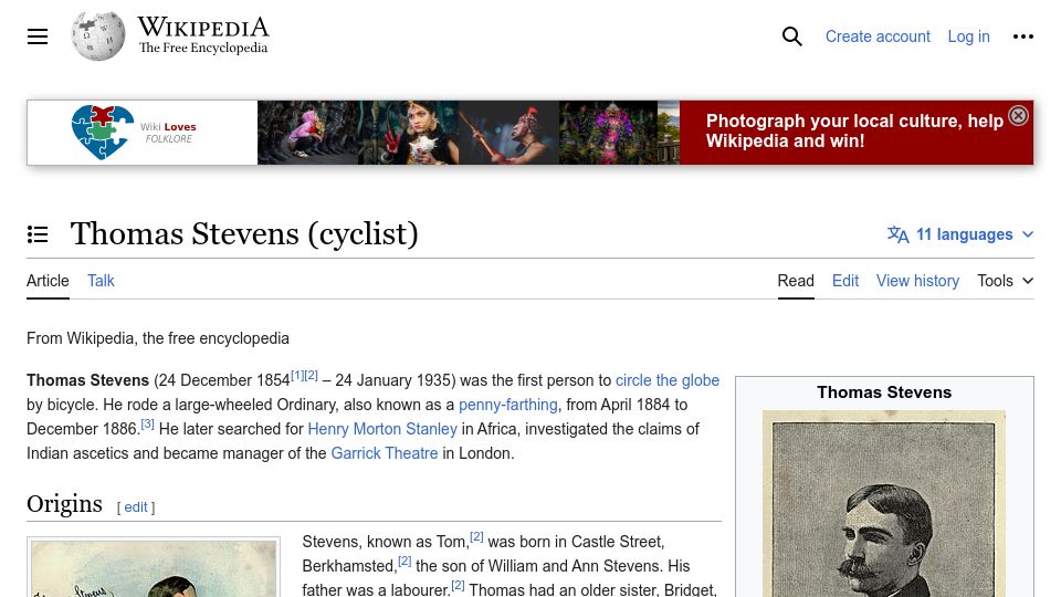 Screenshot of en.wikipedia.org: Thomas Stevens (Cyclist)