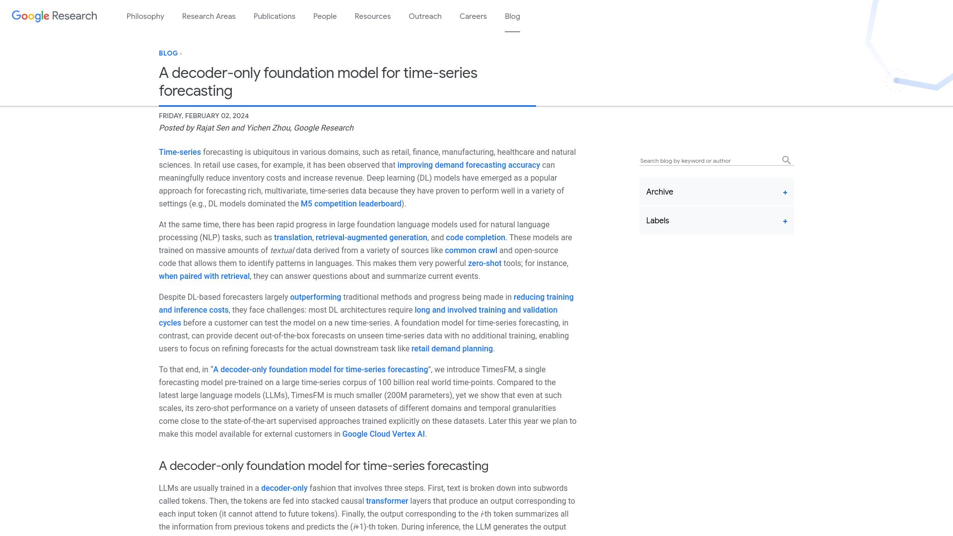 Screenshot of blog.research.google: A decoder-only foundation model for time-series forecasting
