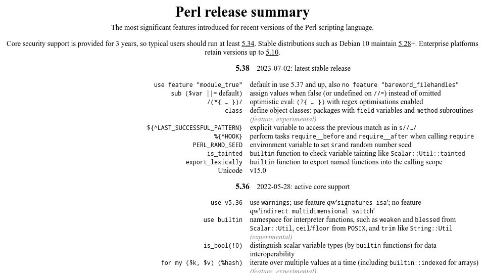 Screenshot of sheet.shiar.nl: Significant features introduced for recent versions of Perl