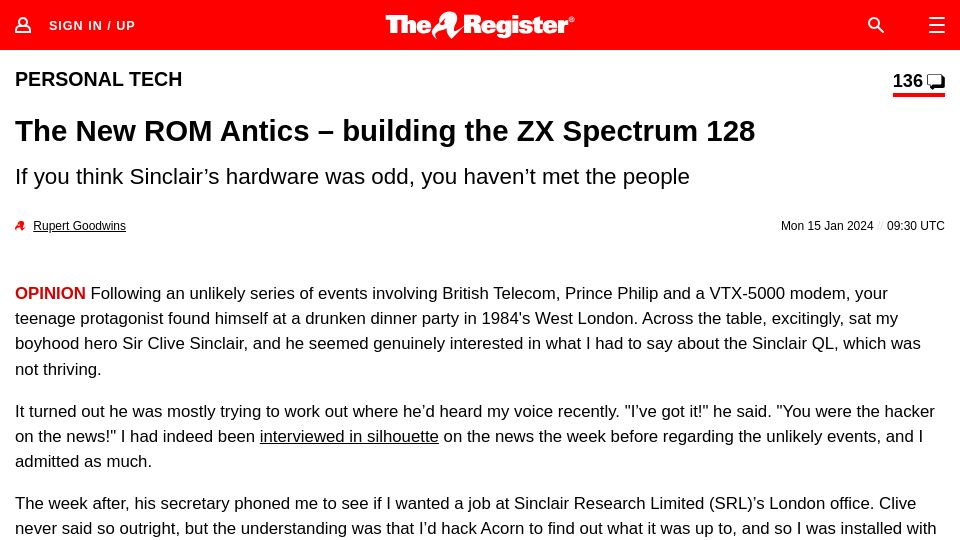 Screenshot of theregister.com: The New ROM Antics – Building the ZX Spectrum 128