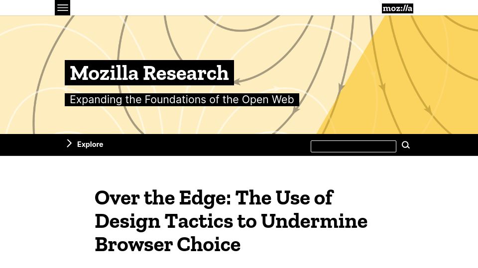 Screenshot of research.mozilla.org: Over the edge: The use of design tactics to undermine browser choice