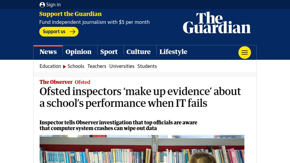 Screenshot of theguardian.com: Ofsted inspectors 'make up evidence' about a school's performance when IT fails
