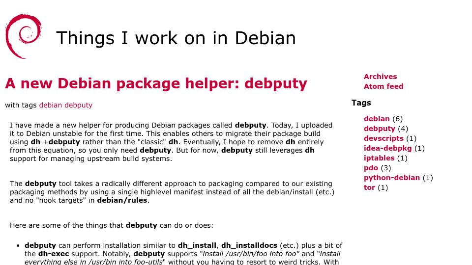 Screenshot of people.debian.org: A new Debian package helper: debputy