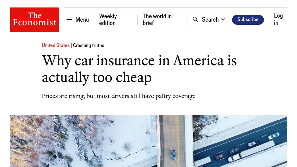Screenshot of economist.com: Car insurance in America is too cheap