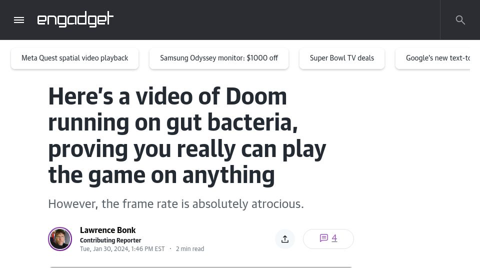 Screenshot of engadget.com: Video: Doom Running on Gut Bacteria