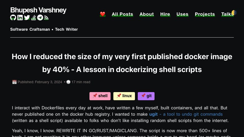 Screenshot of bhupesh.me: A lesson in dockerizing shell scripts