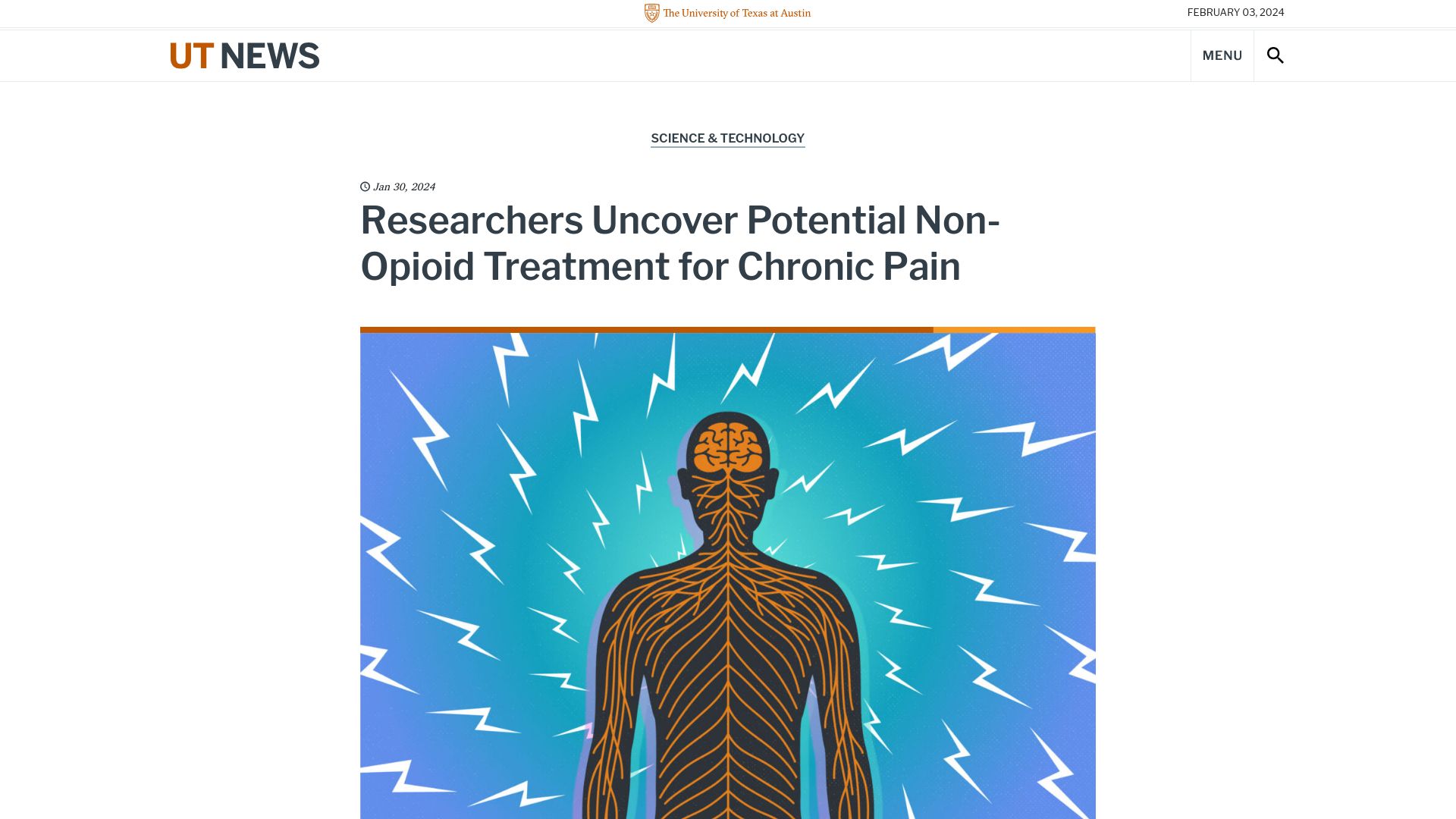 Screenshot of news.utexas.edu: Researchers uncover potential non-opioid treatment for chronic pain in mice
