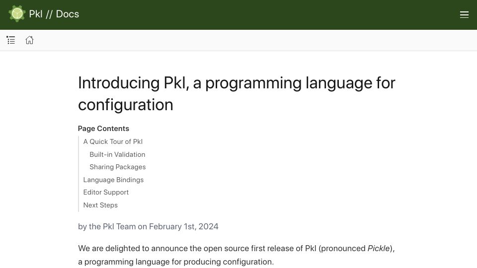 Screenshot of pkl-lang.org: Pkl, a Programming Language for Configuration