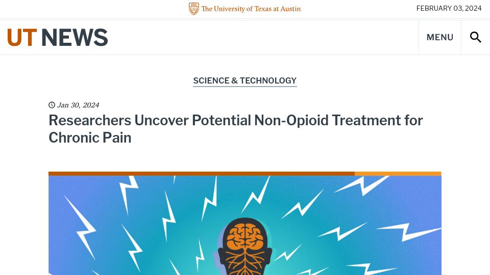 Screenshot of news.utexas.edu: Researchers uncover potential non-opioid treatment for chronic pain in mice
