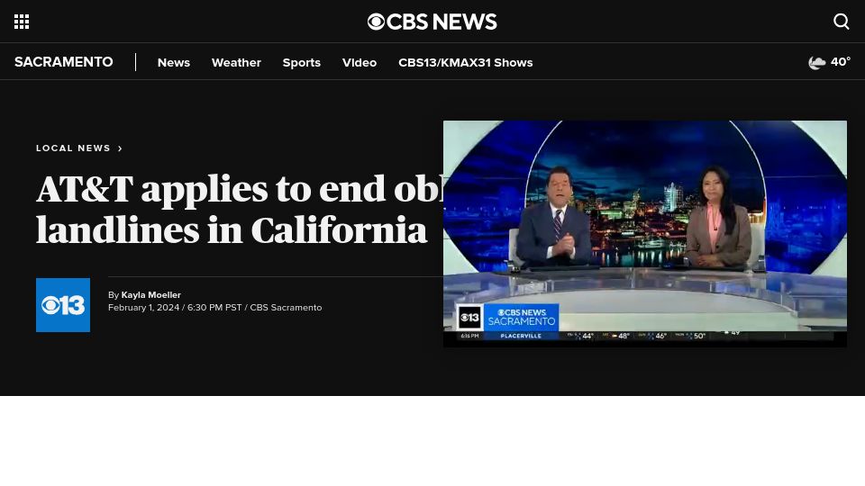 Screenshot of cbsnews.com: AT&T applies to end obligation to service landlines in California