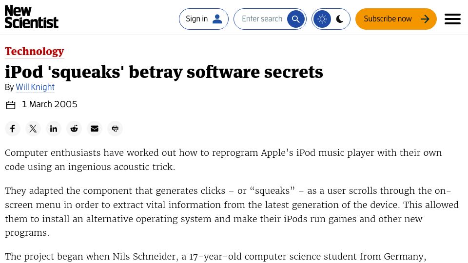 Screenshot of newscientist.com: iPod 'squeaks' betray software secrets (2005)