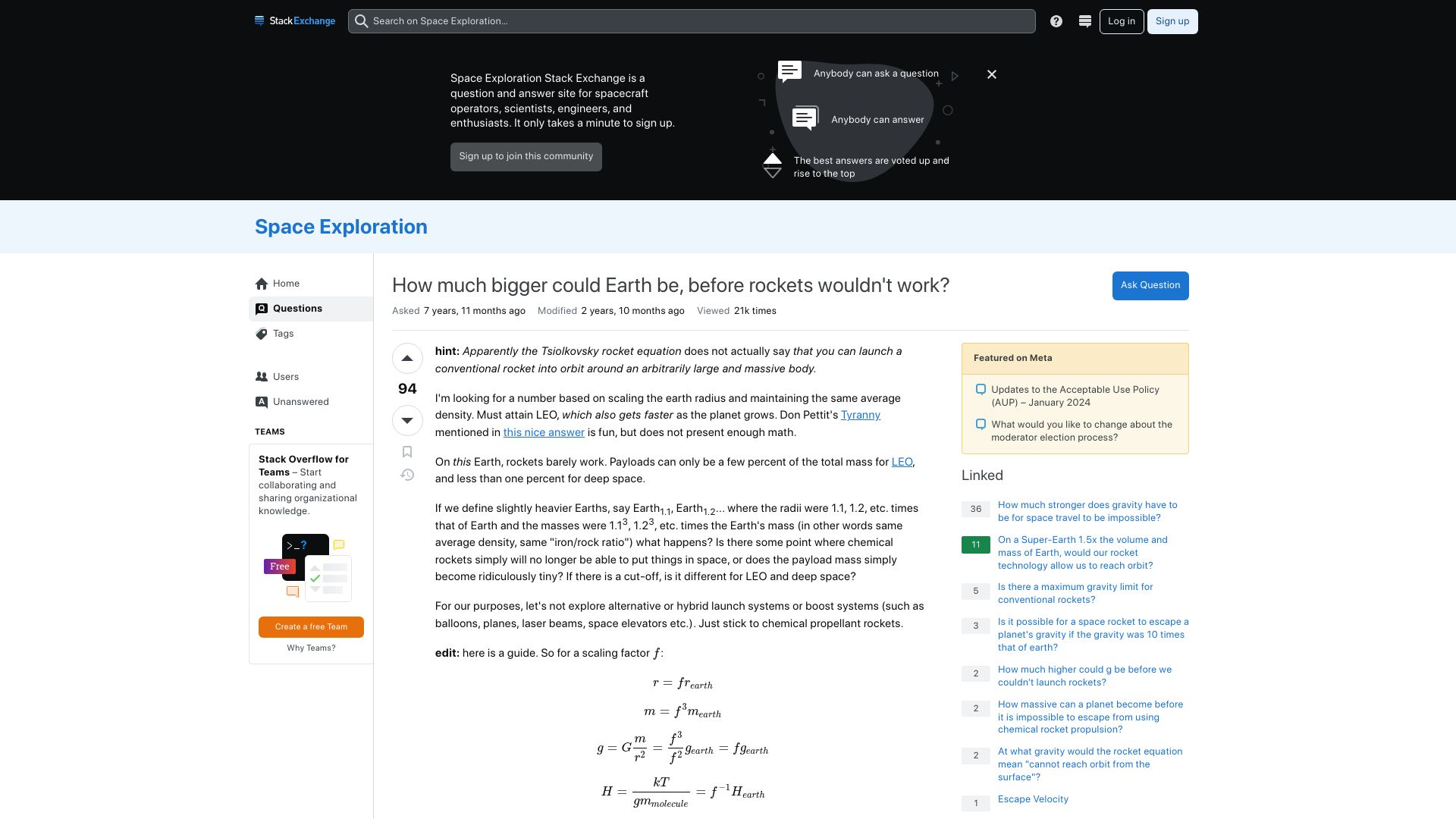 Screenshot of space.stackexchange.com: How much bigger could Earth be before rockets wouldn't work?