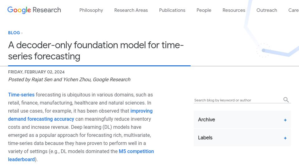 Screenshot of blog.research.google: A decoder-only foundation model for time-series forecasting
