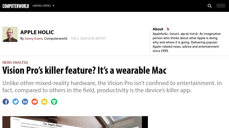 Screenshot of computerworld.com: Vision Pro's killer feature? It's a wearable Mac