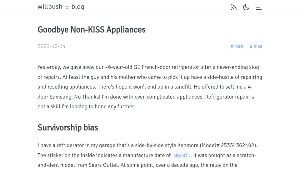 Screenshot of willbush.dev: Goodbye non-KISS appliances
