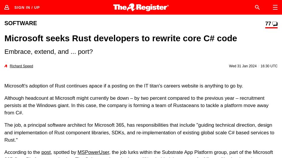 Screenshot of theregister.com: Microsoft seeks Rust developers to rewrite core C# code