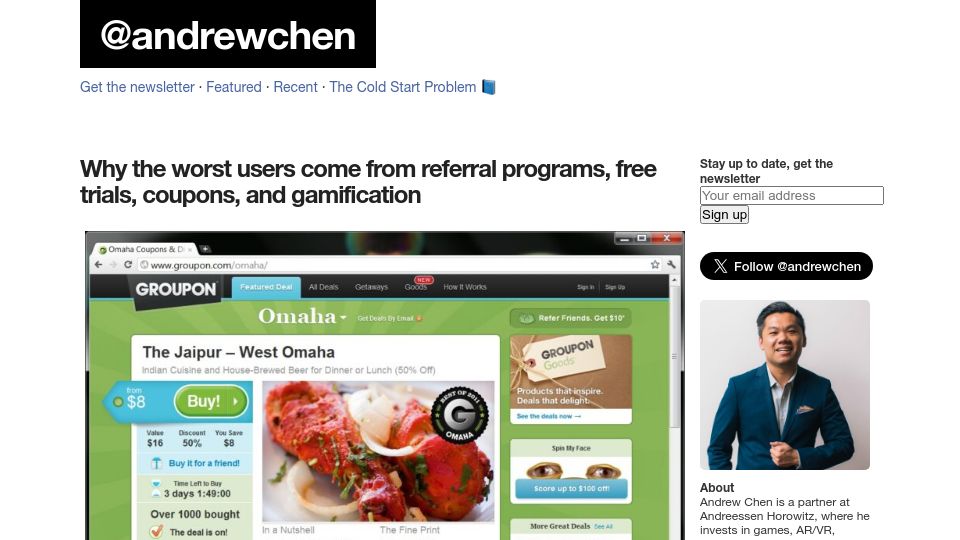 Screenshot of andrewchen.com: The worst users come from referral programs, free trials, coupons