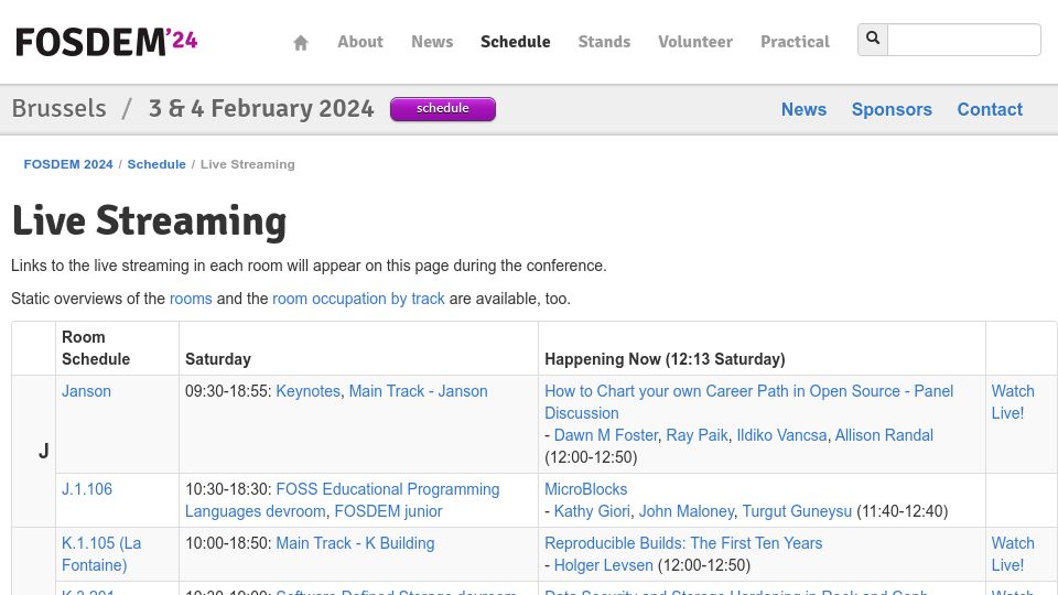 Screenshot of fosdem.org: FOSDEM 2024 Live Streams