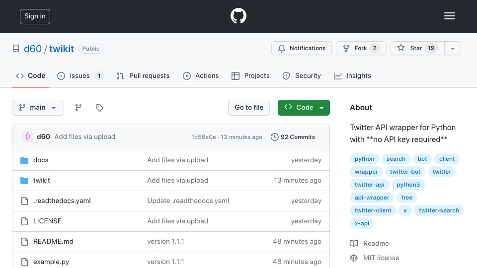Screenshot of github.com: Show HN: Twitter API Wrapper for Python – No API Keys Needed