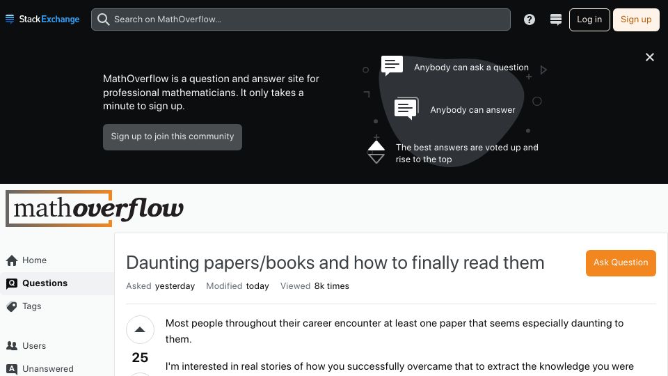 Screenshot of mathoverflow.net: Daunting papers/books and how to read them