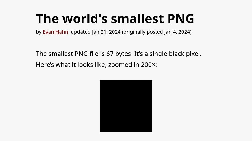Screenshot of evanhahn.com: The world's smallest PNG