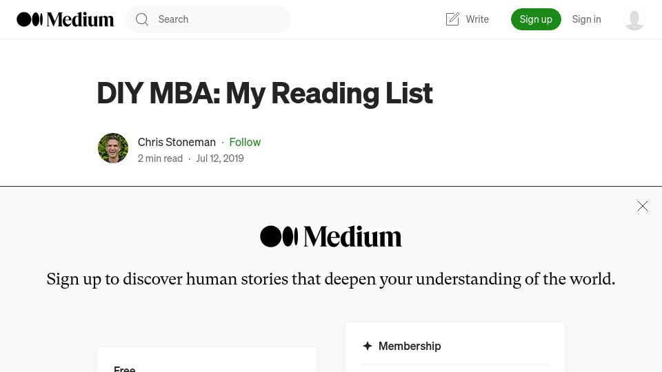 Screenshot of chrisstoneman.medium.com: DIY MBA: My Reading List (2019)