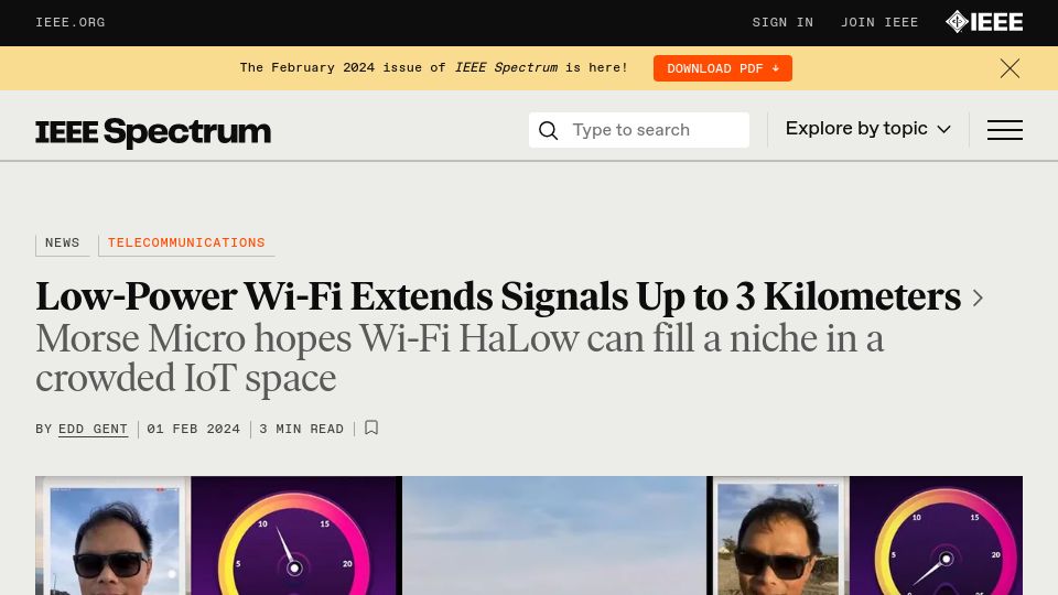 Screenshot of spectrum.ieee.org: Low-Power Wi-Fi Extends Signals Up to 3 Kilometers