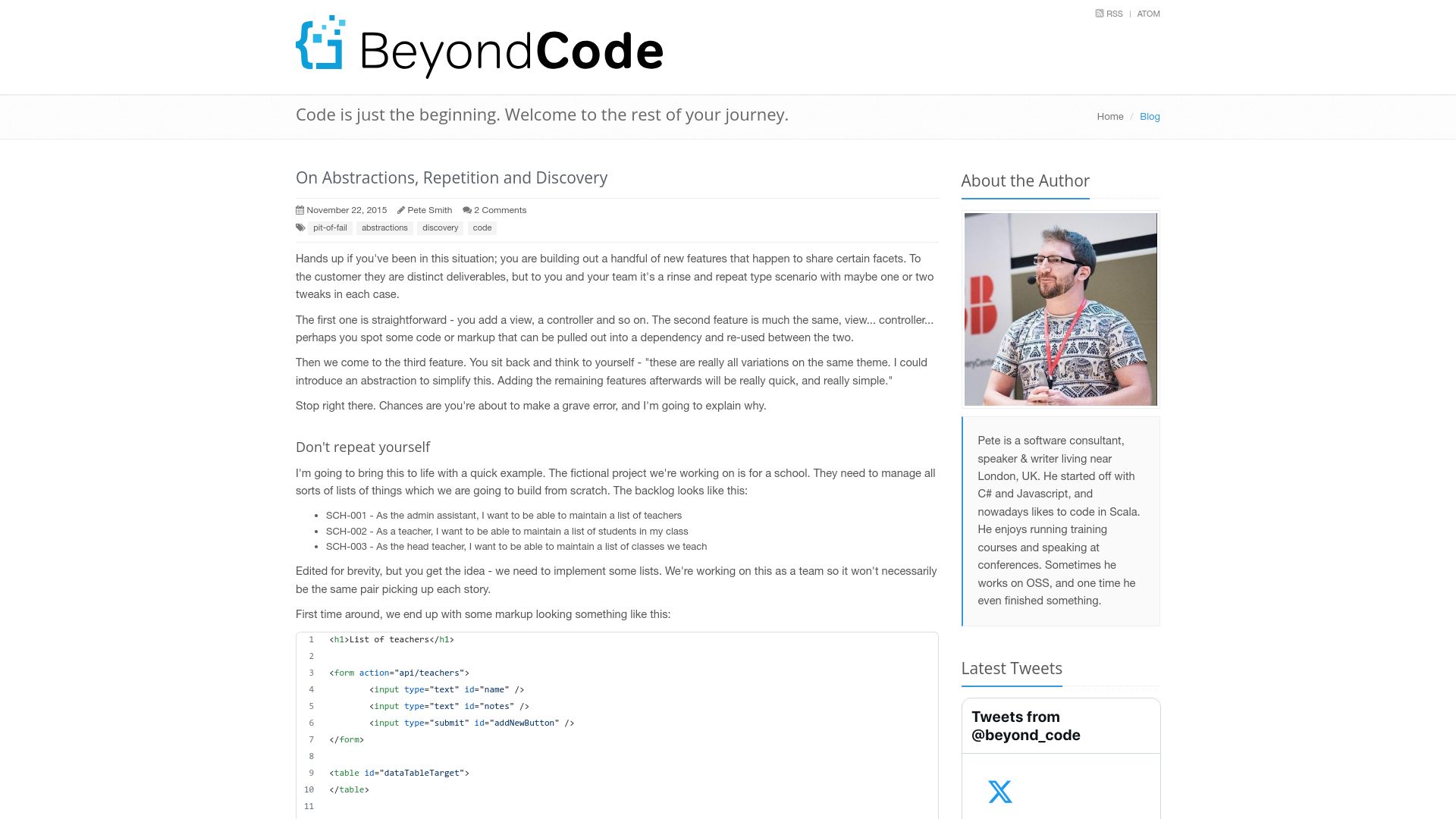Screenshot of beyond-code.com: Abstractions, repetition and discovery (2015)
