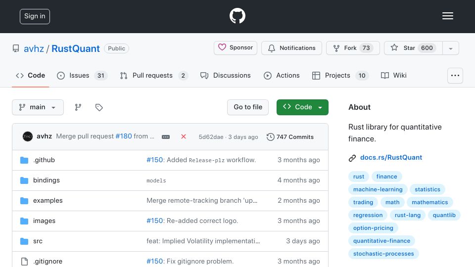 Screenshot of github.com: RustQuant: A Library for Quantitative Finance
