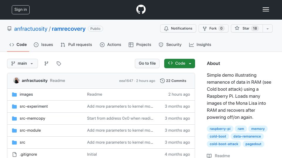 Screenshot of github.com: Show HN: Simple demo of a cold boot attack using a Raspberry Pi