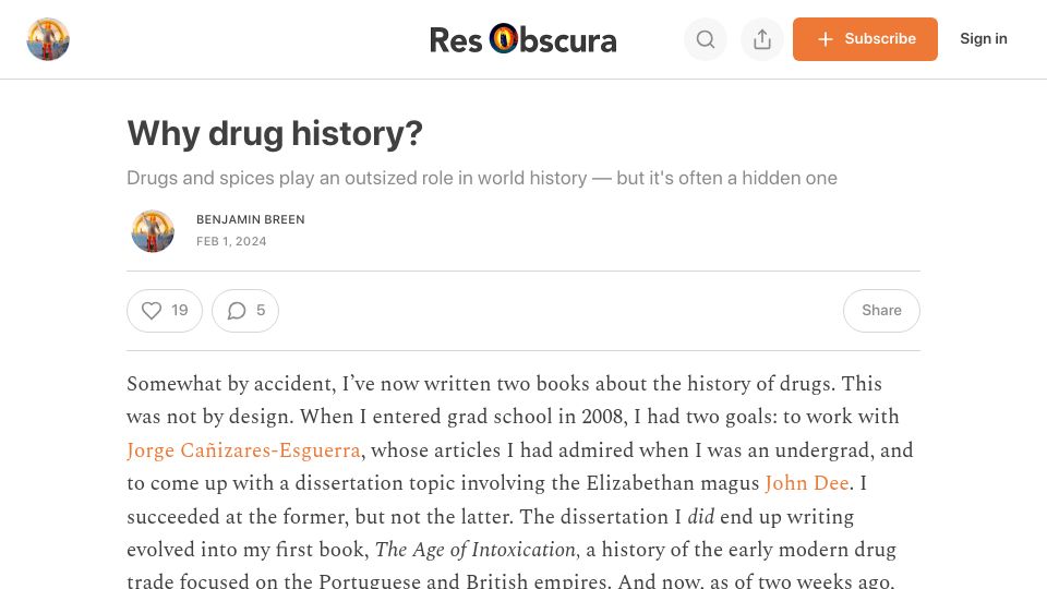 Screenshot of resobscura.substack.com: Drug history is a backdoor to cultural history