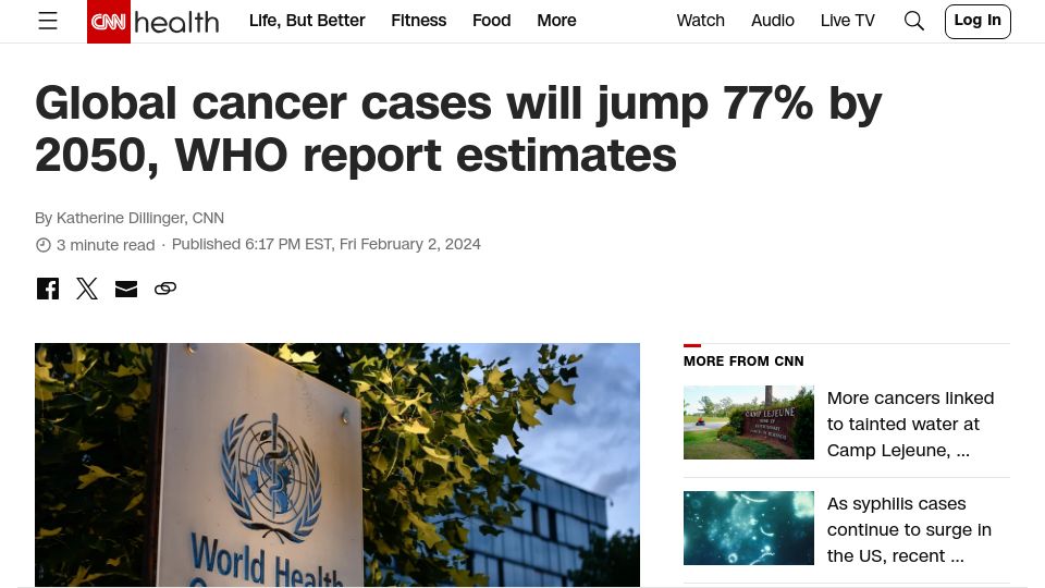 Screenshot of cnn.com: Global cancer cases will jump 77% by 2050, WHO report estimates
