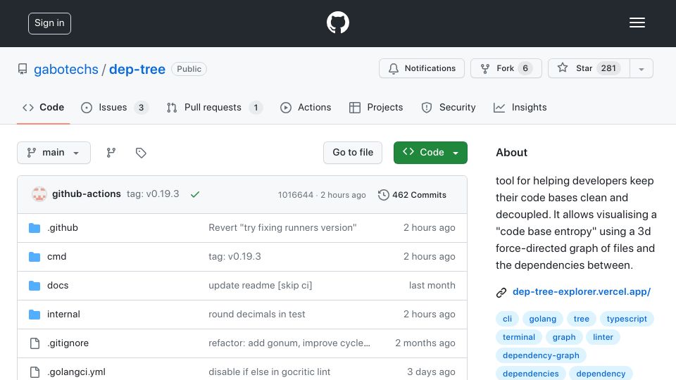 Screenshot of github.com: Show HN: Visualize the entropy of a codebase with a 3D force-directed graph