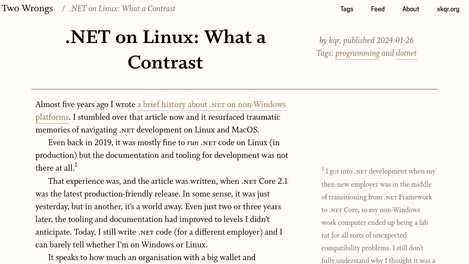 Screenshot of two-wrongs.com: .NET on Linux: What a Contrast