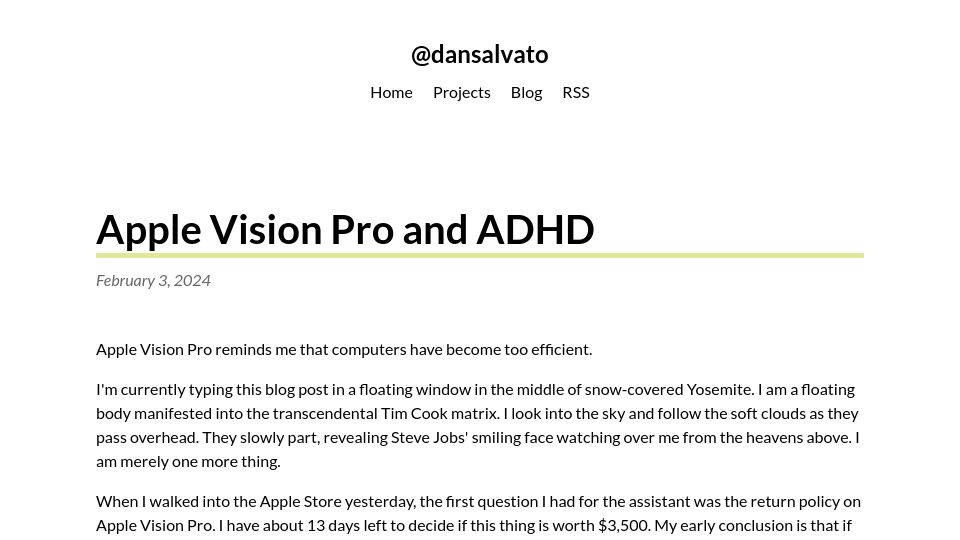 Screenshot of dansalva.to: Apple Vision Pro and ADHD
