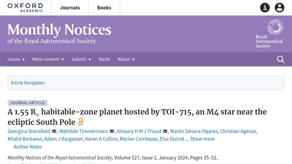 Screenshot of academic.oup.com: A 1.55 R⊕ habitable-zone planet hosted by TOI-715