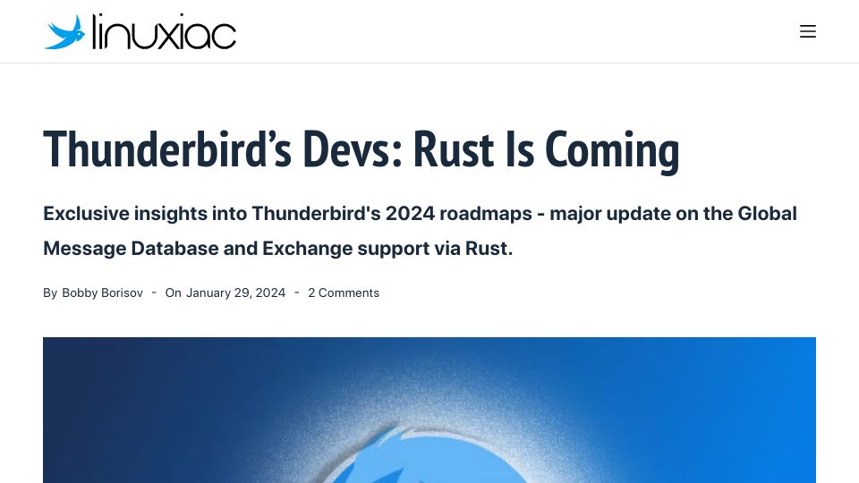 Screenshot of linuxiac.com: Native Exchange Support is coming to Thunderbird