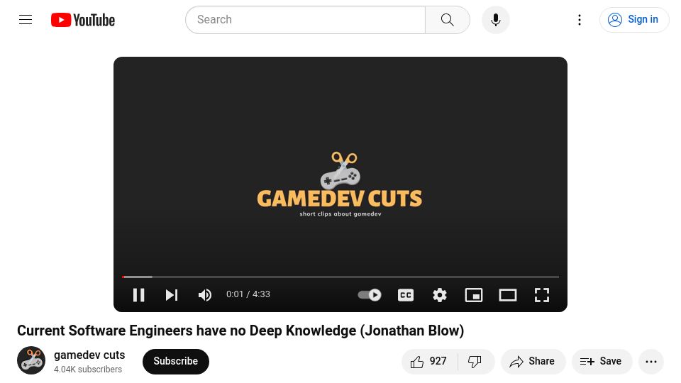 Screenshot of youtube.com: Current Software Engineers Have No Deep Knowledge (Jonathan Blow) [video]