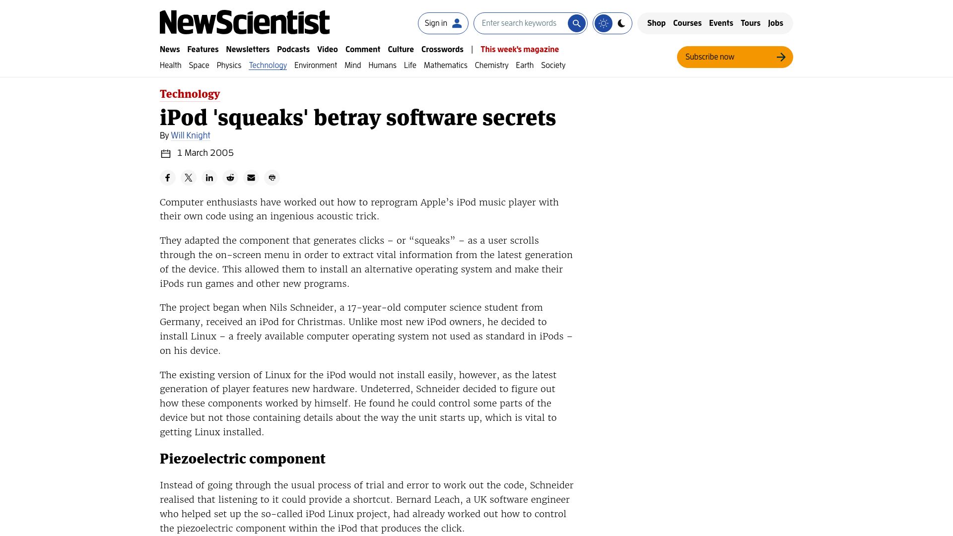 Screenshot of newscientist.com: iPod 'squeaks' betray software secrets (2005)