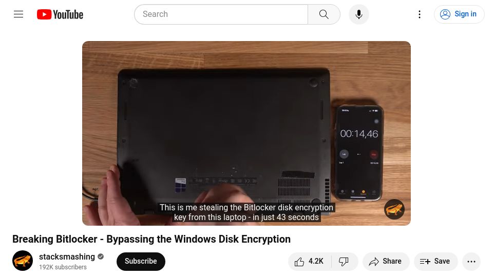 Screenshot of youtube.com: Breaking Bitlocker – Bypassing the Windows Disk Encryption [video]