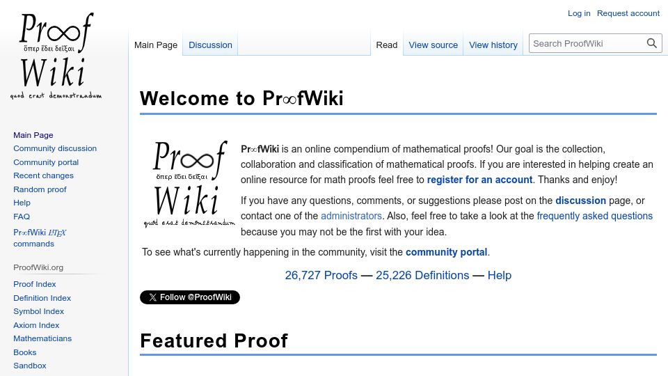 Screenshot of proofwiki.org: ProofWiki: Online compendium of mathematical proofs