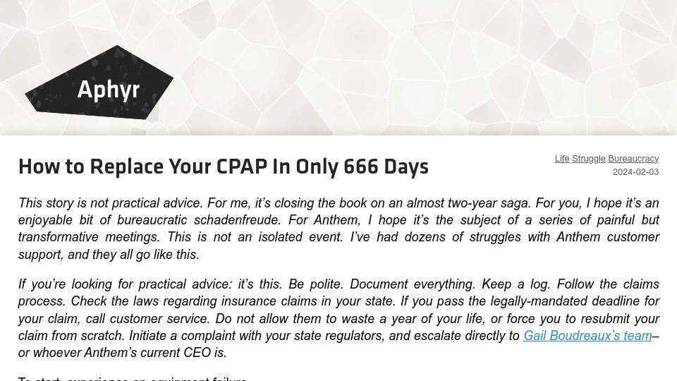 Screenshot of aphyr.com: How to Replace Your CPAP in Only 666 Days