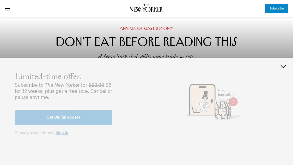 Screenshot of newyorker.com: Don’t Eat Before Reading This (1999)